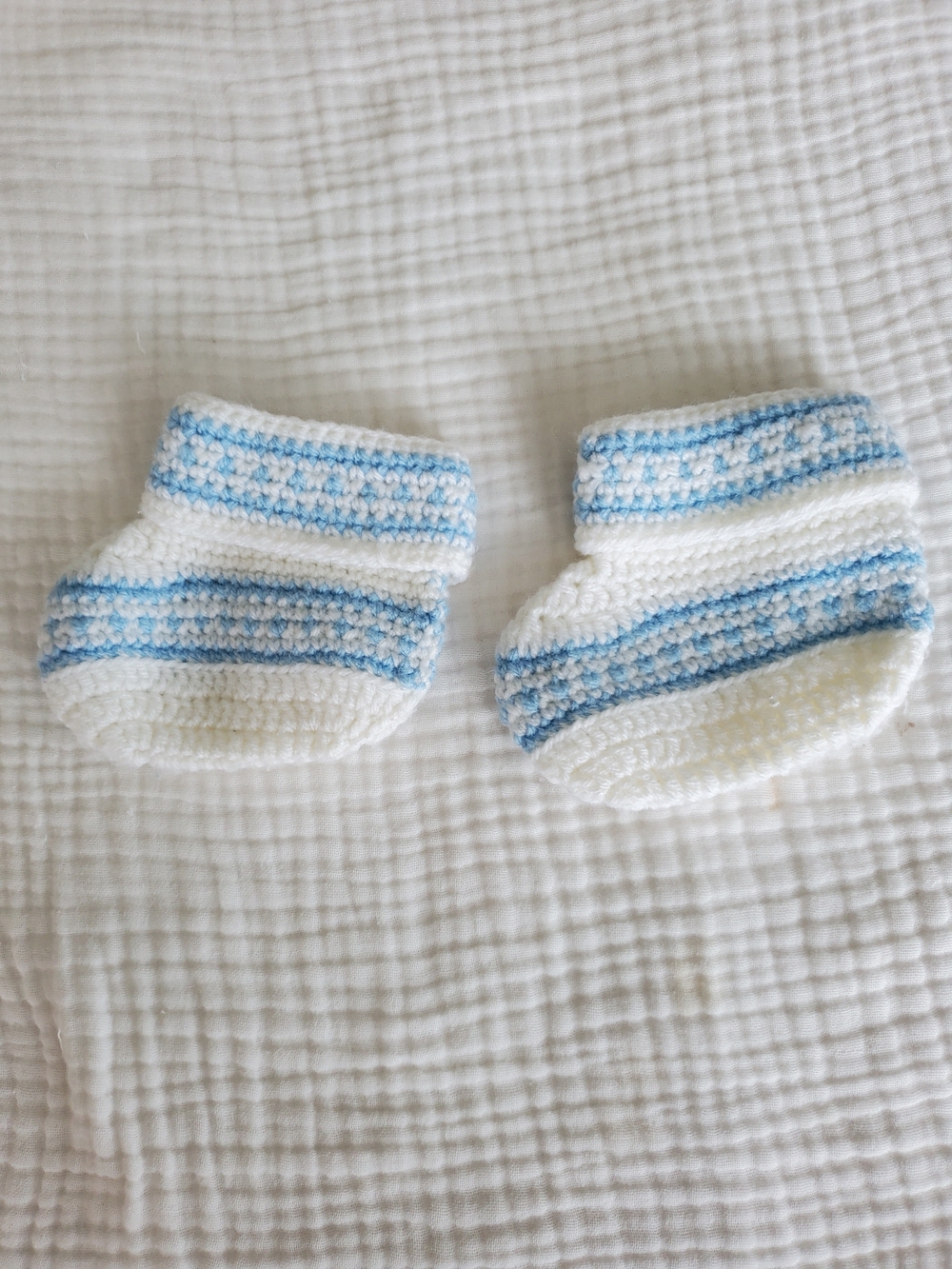 Handmade Baby Booties in White and Light Blue